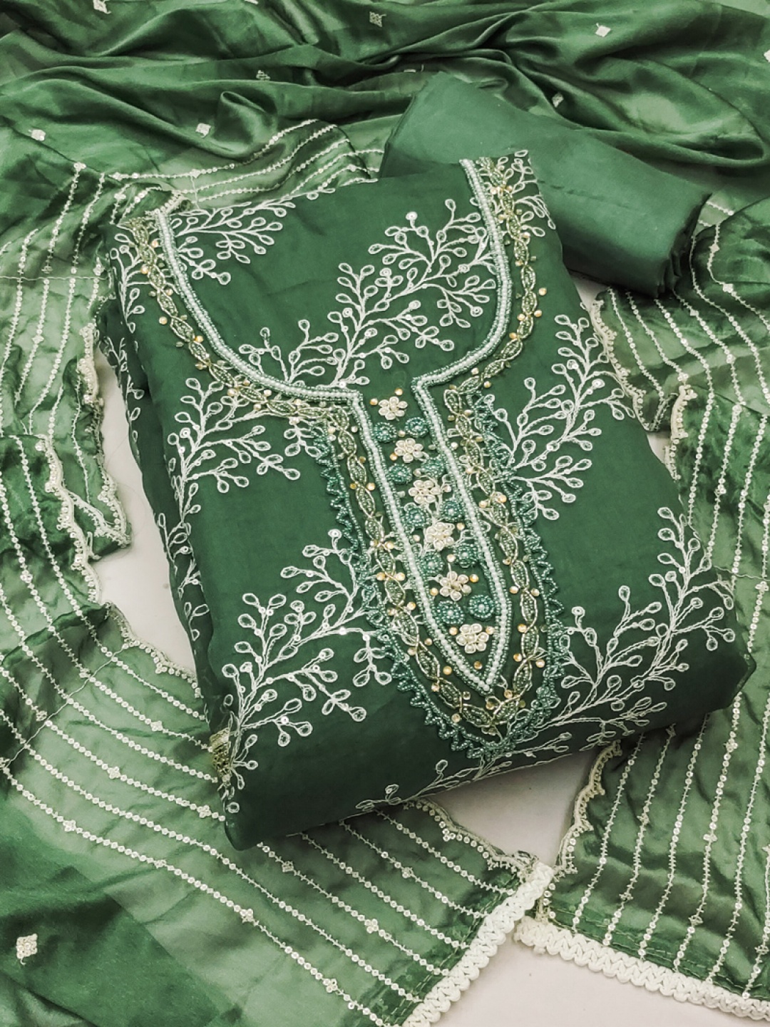 

ASISA Floral Embroidered Beads And Stones Unstitched Dress Material, Green