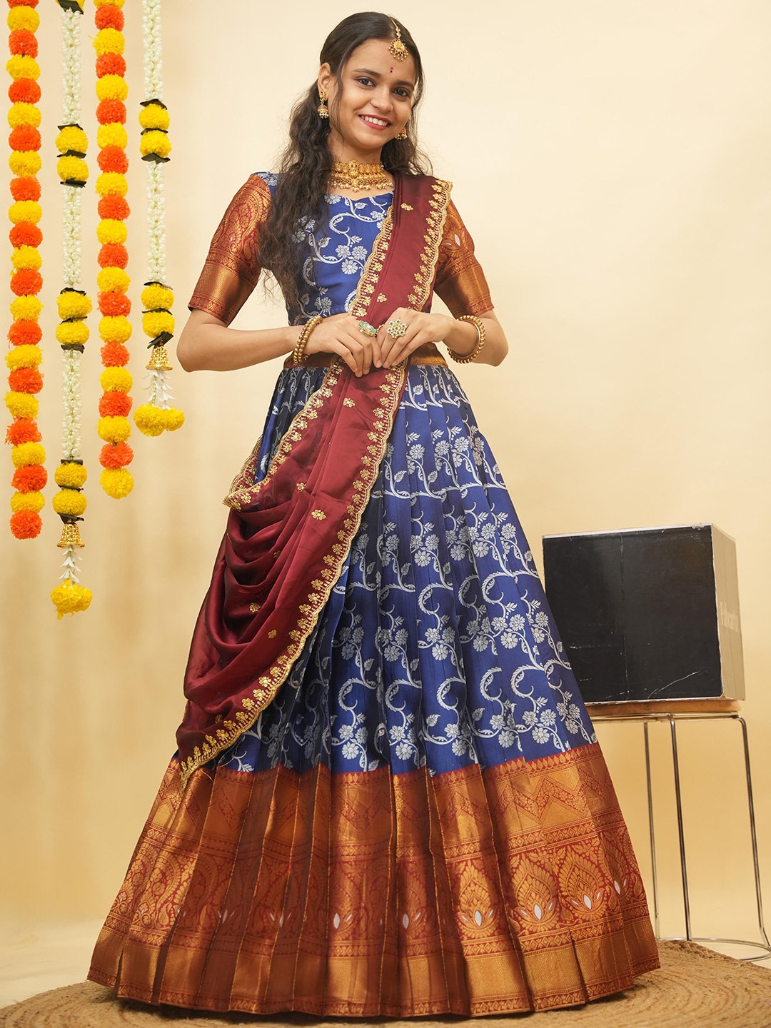 

Fabcartz Floral Woven Design Zari Semi-Stitched Lehenga & Unstitched Blouse With Dupatta, Navy blue