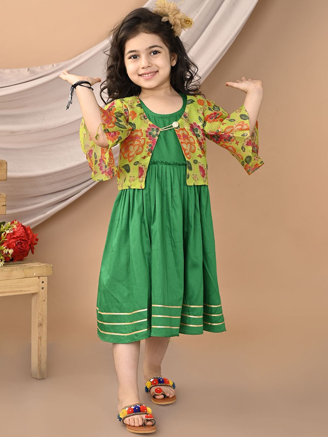 

Sangria Girls Fit and Flare Ethnic Dress With Printed Jacket, Green