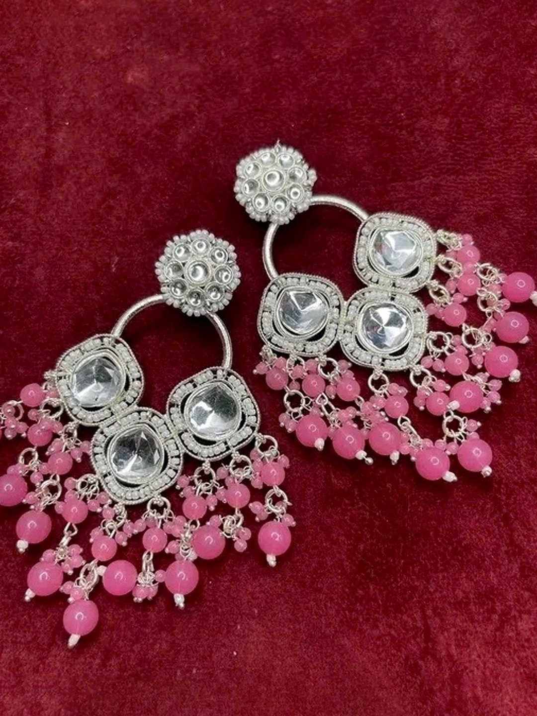 

MADDY SPACE Silver-Plated Artificial Stones Studded And Beaded Contemporary Drop Earrings, Pink