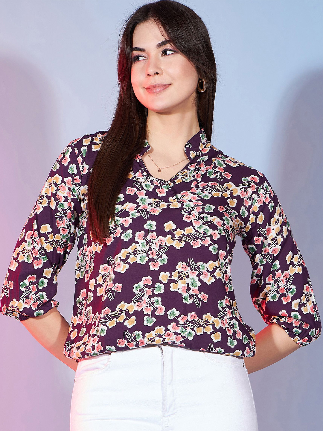 

DressBerry Women Floral Printed Mandarin Collar Regular Style Top, Purple