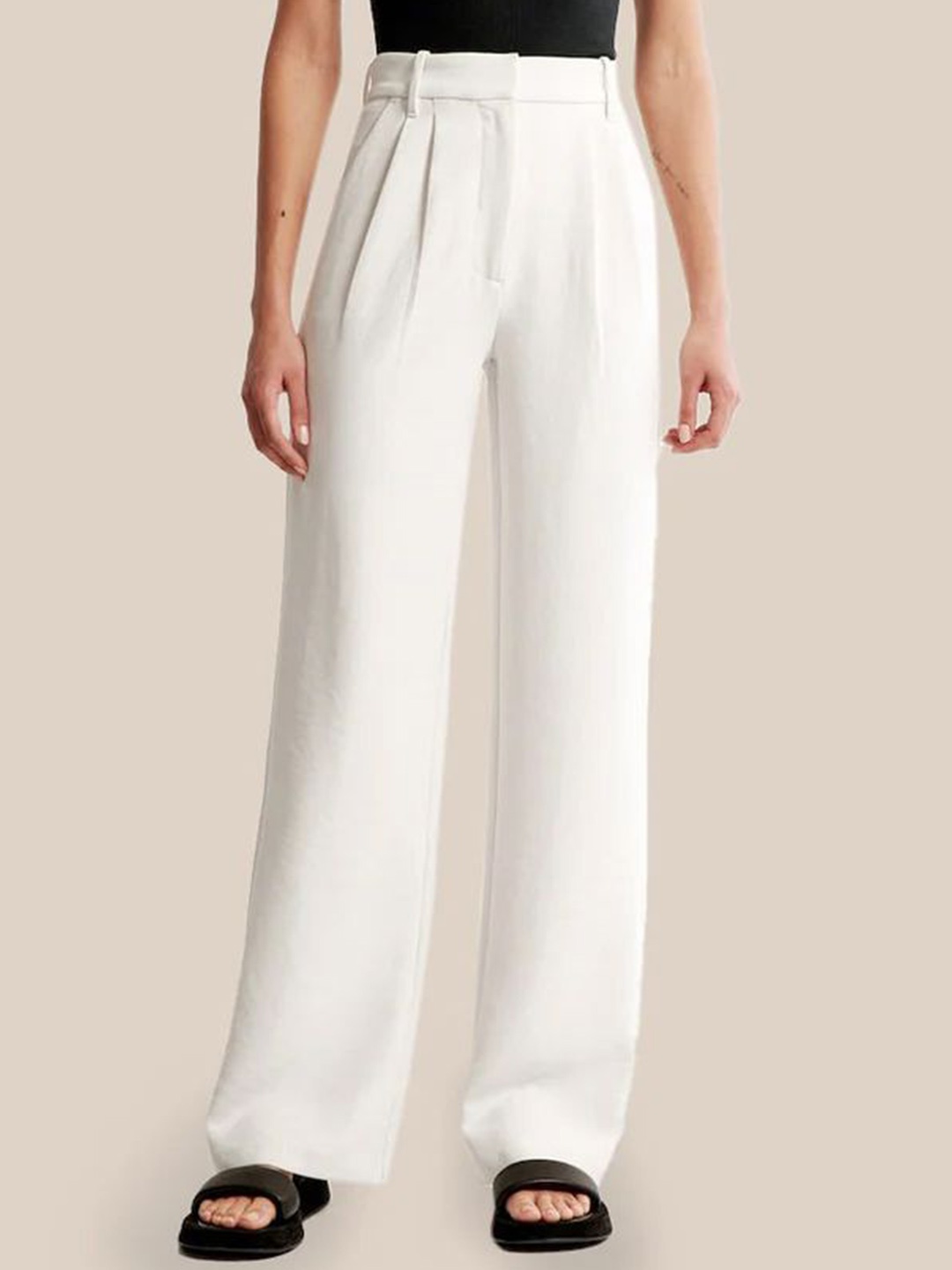 

FNOCKS Women Original Straight Fit High-Rise Easy Wash Pleated Trousers, White