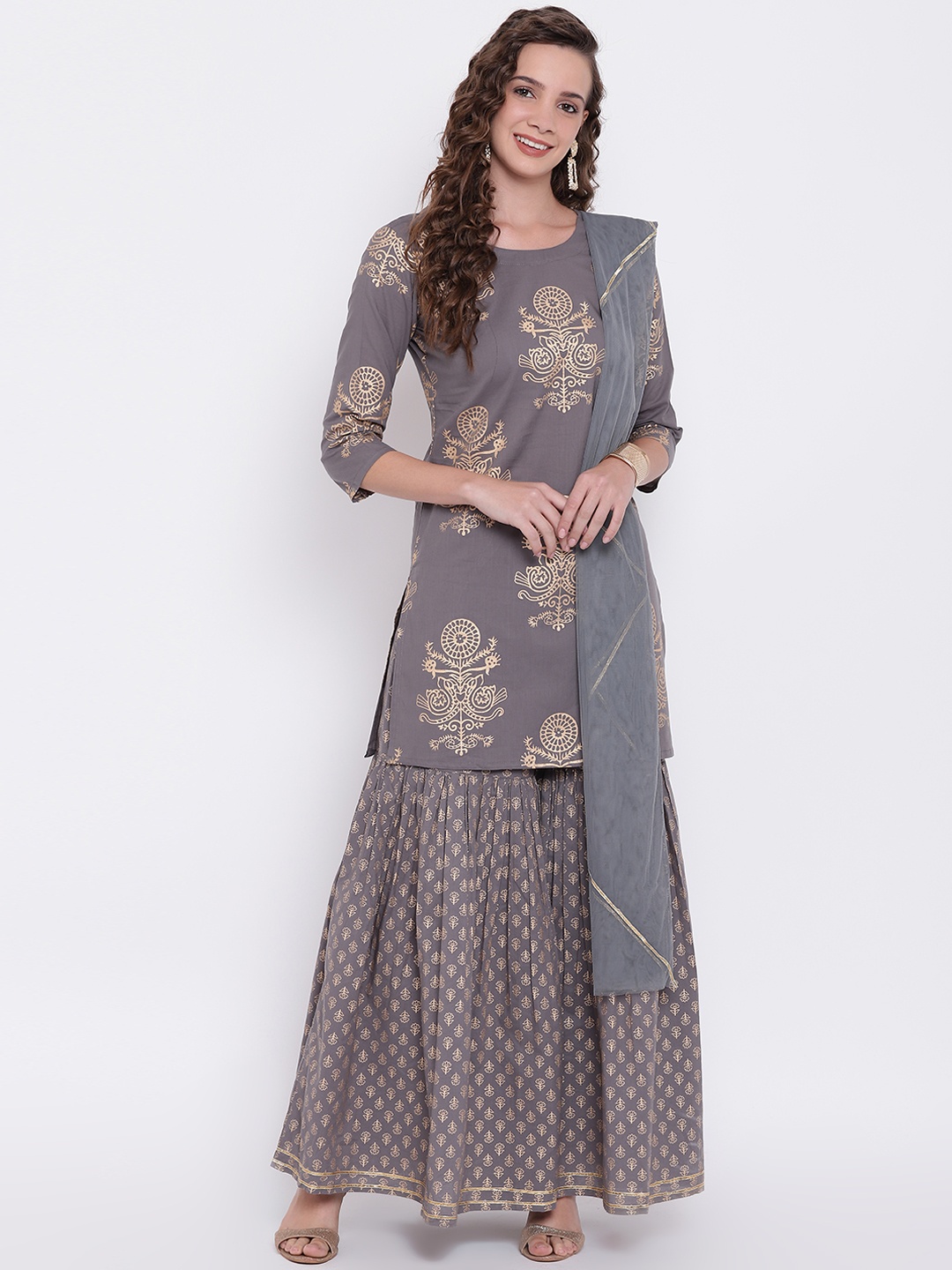 

Chandbaali Women Ethnic Motifs Printed Regular Gotta Patti Pure Cotton Kurta with Sharara & With Dupatta, Grey