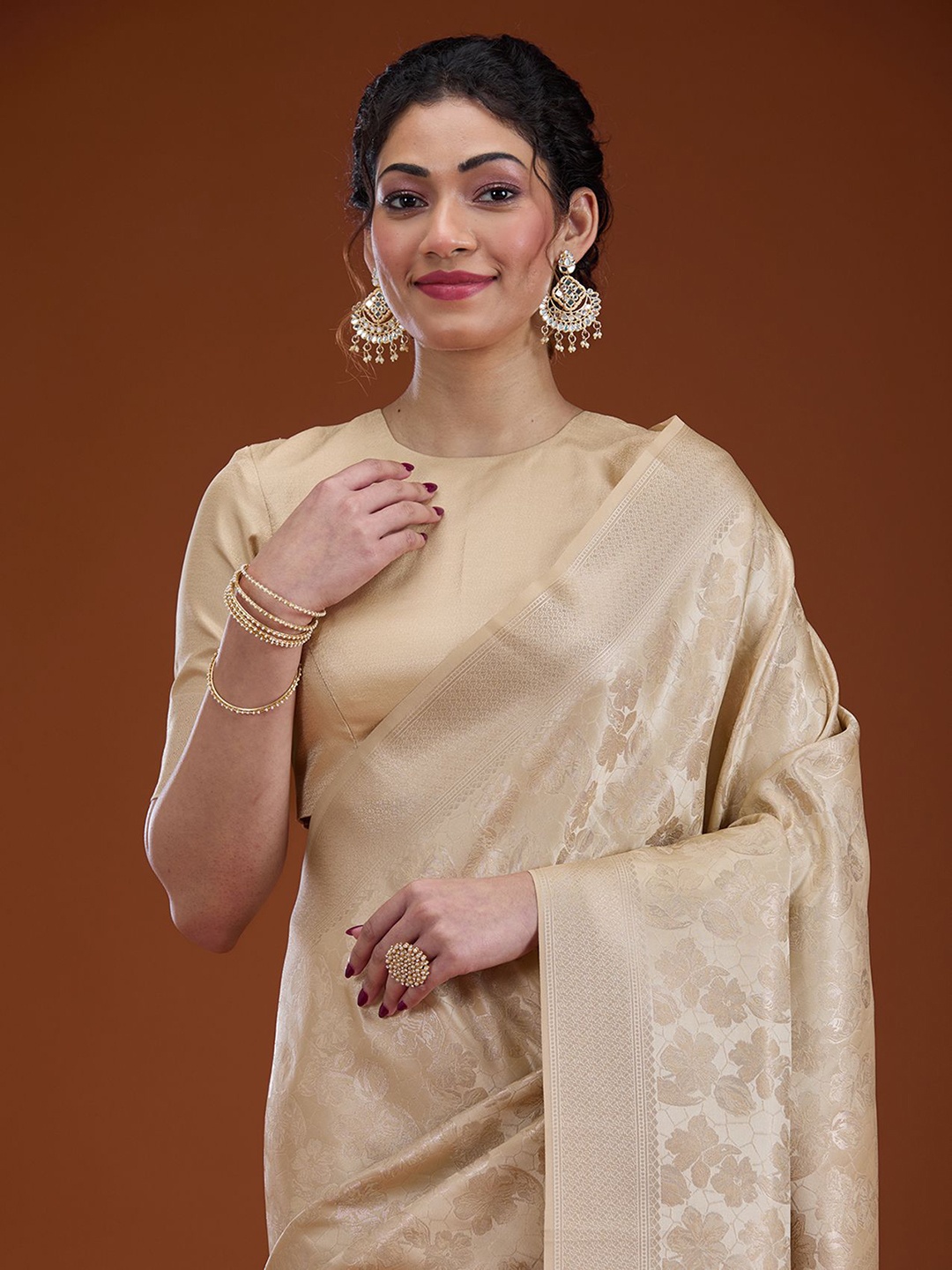 

Koskii Beige Zariwork Satin Saree