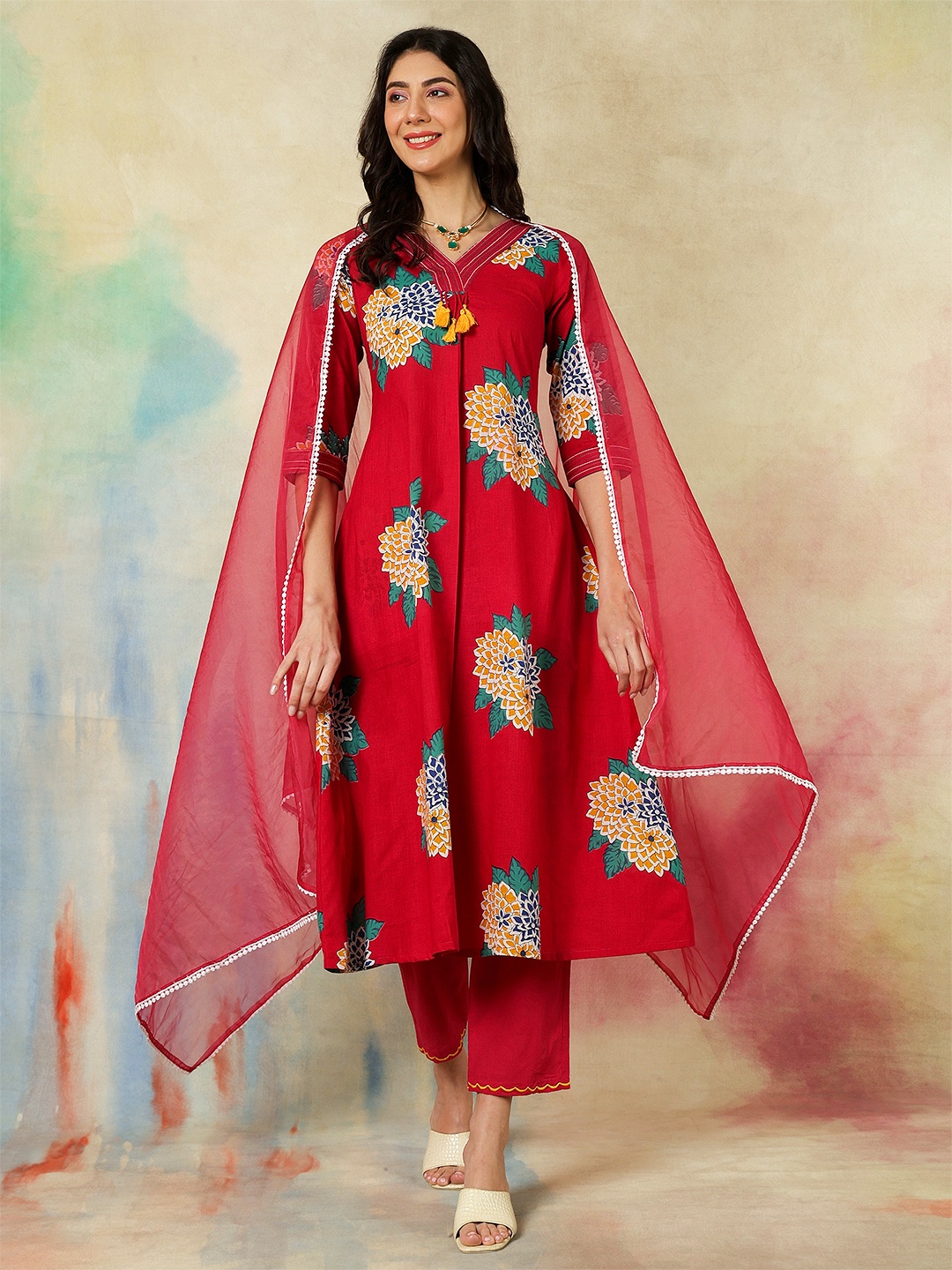 

KIMAYRA Floral Printed V-Neck A-Line Kurta With Trousers And Dupatta, Red