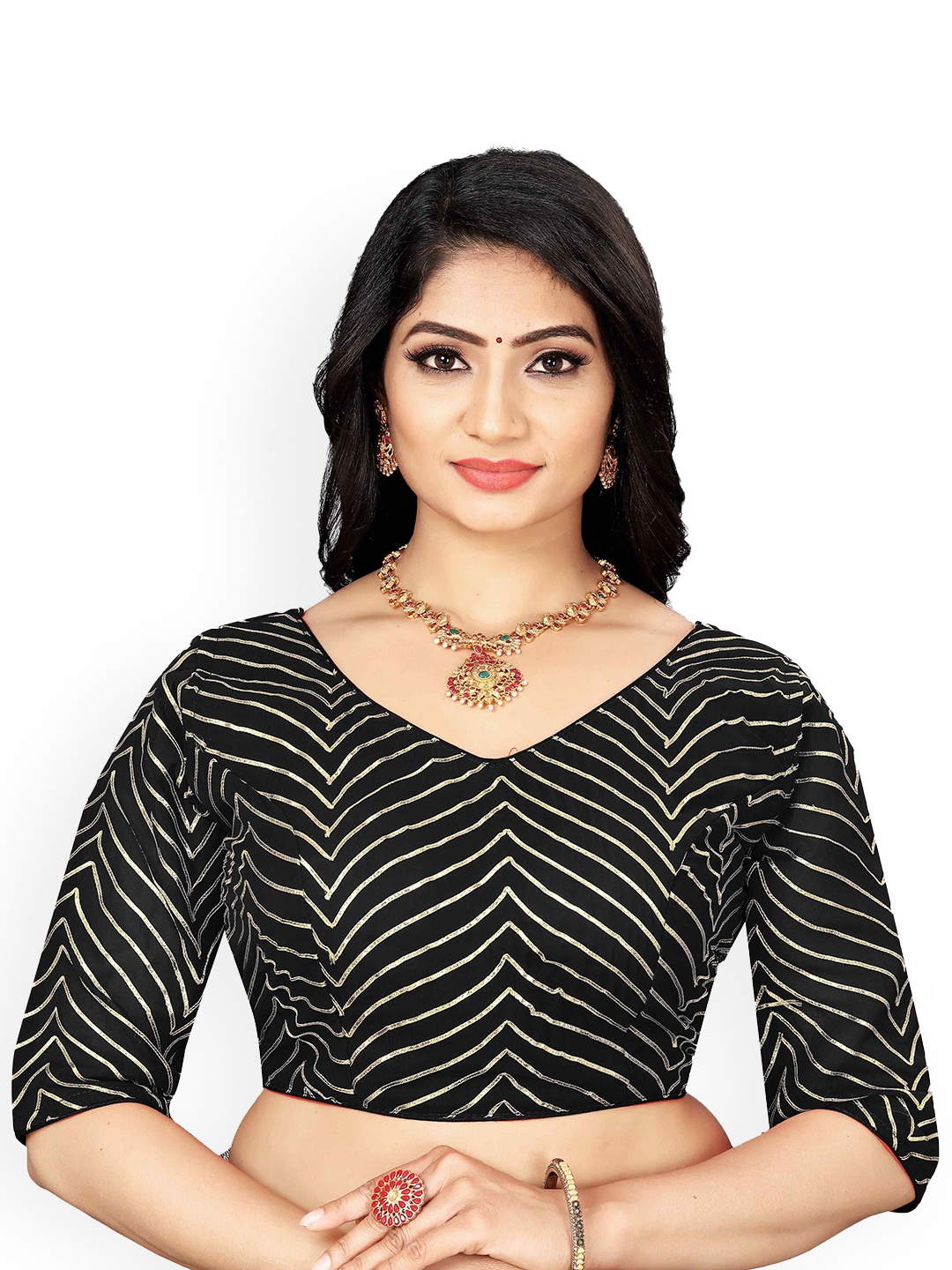 

HERE&NOW Women Embroidered Gotta Patti V-Neck Saree Blouse, Black