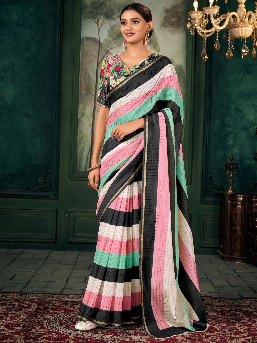 

LeeliPeeri Designer Checked Zari Linen Blend Chanderi Saree, Black