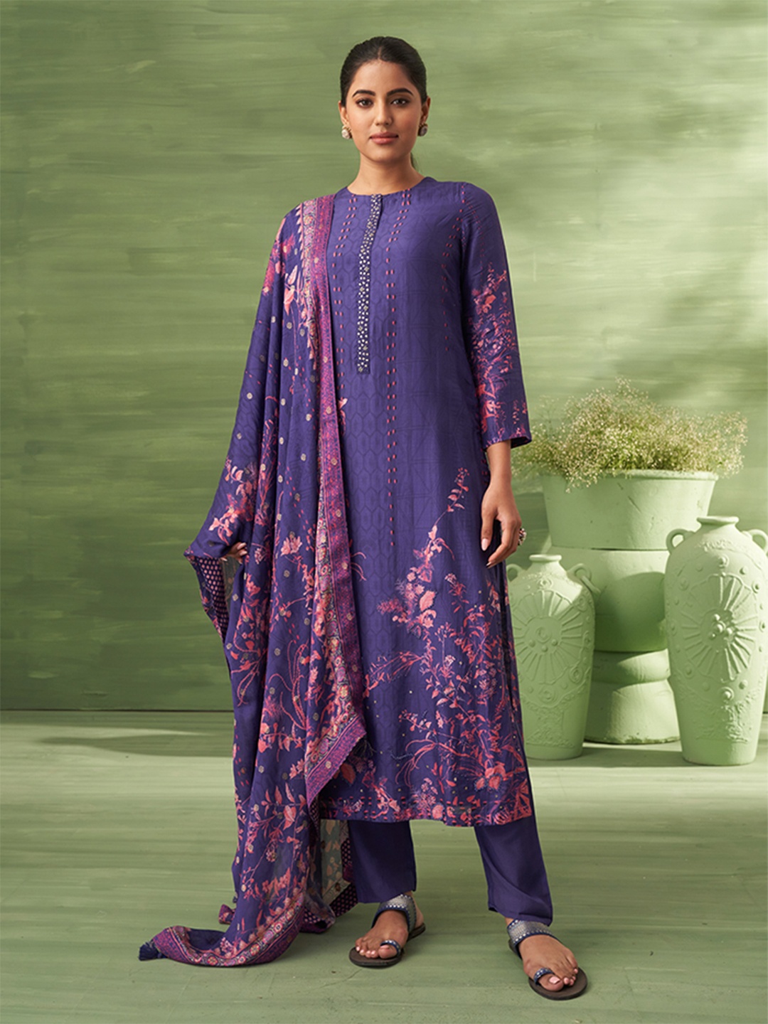 

SAUNDH Floral Printed Unstitched Dress Material, Navy blue