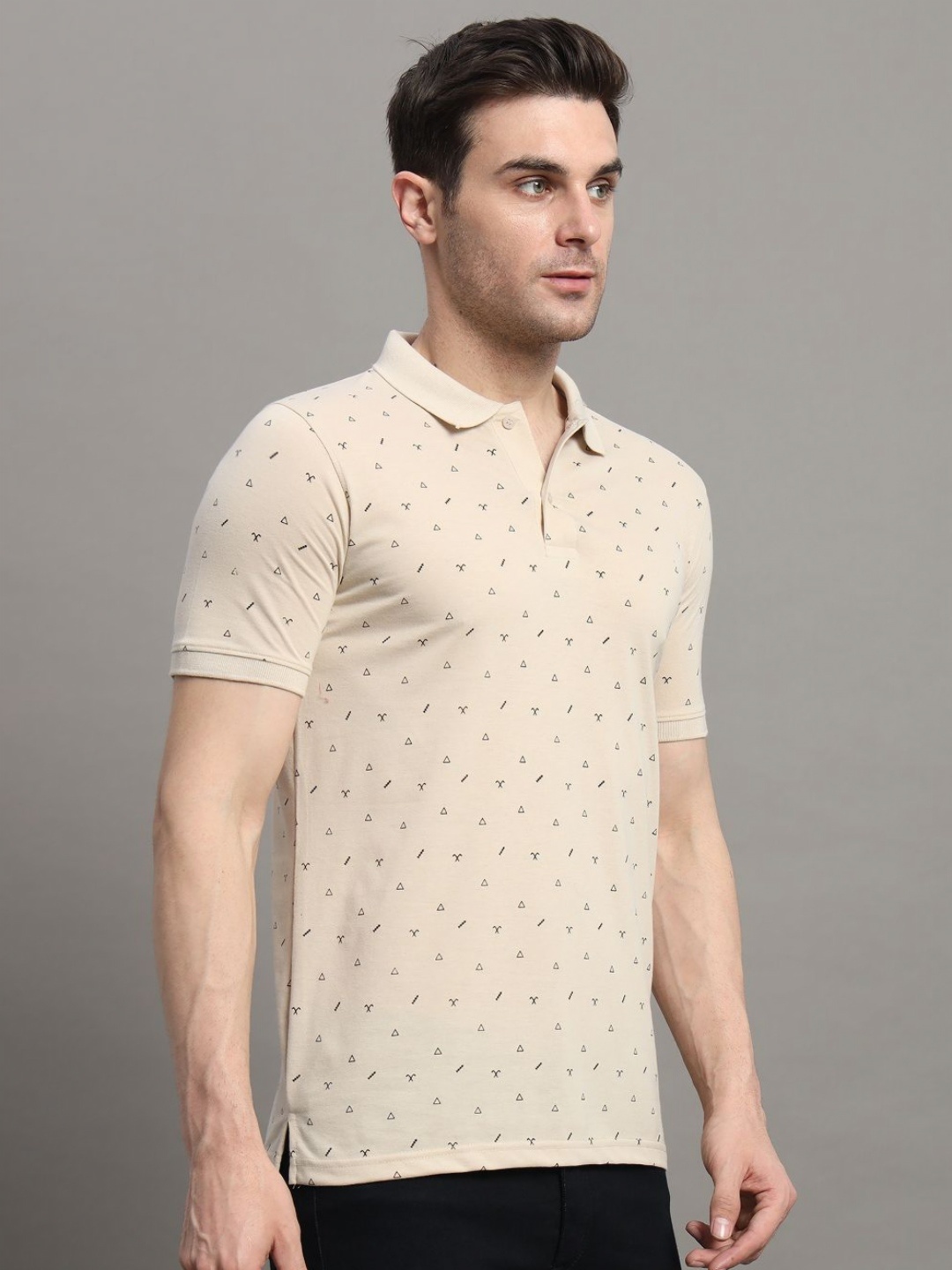 

MERRIMENT Men Conversational Printed Polo Collar Cotton T-shirt, Beige