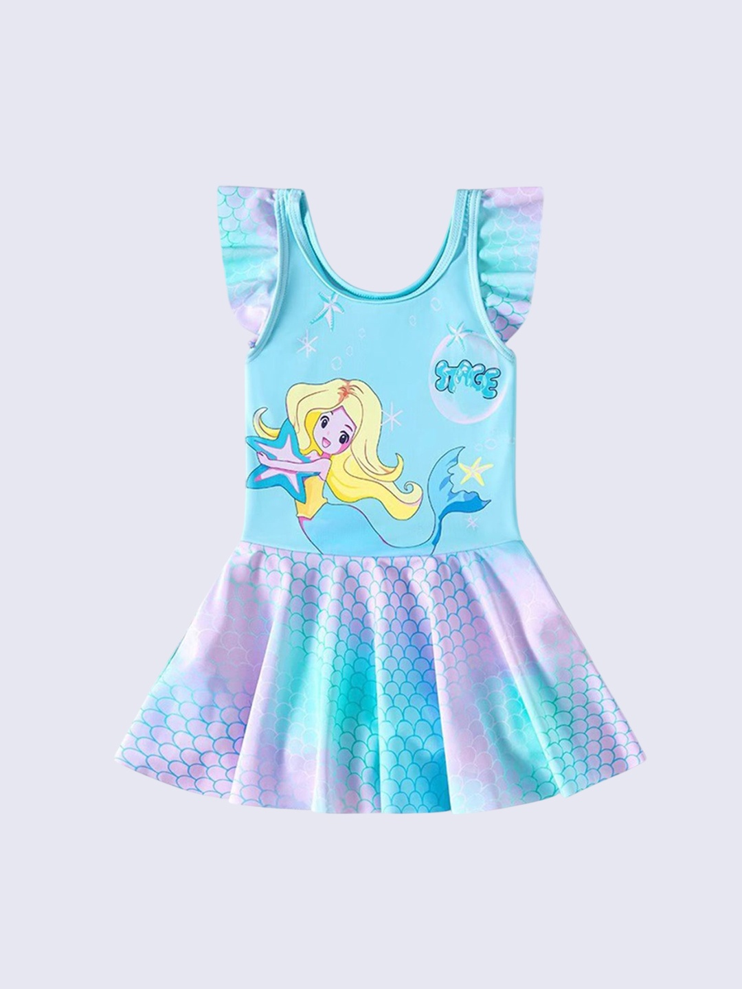 

YK Girls Printed Round Neck Swim Dress, Blue