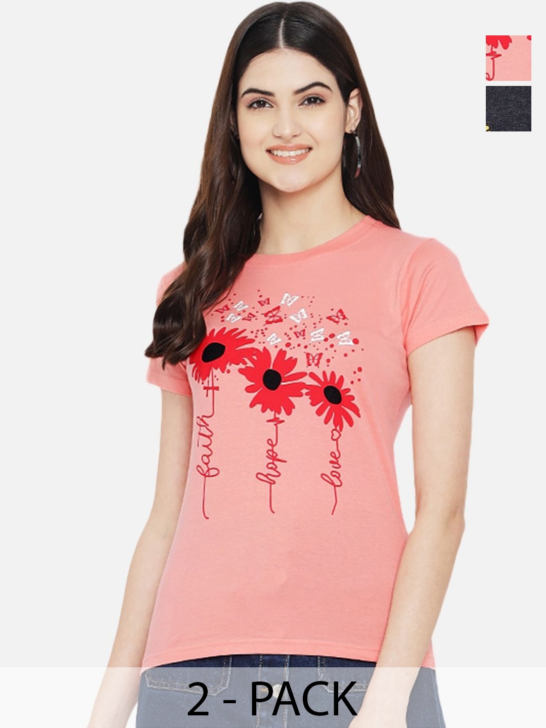

Dreambe Women Pack Of 2 Graphic Printed Round Neck Cotton T-shirts, Peach