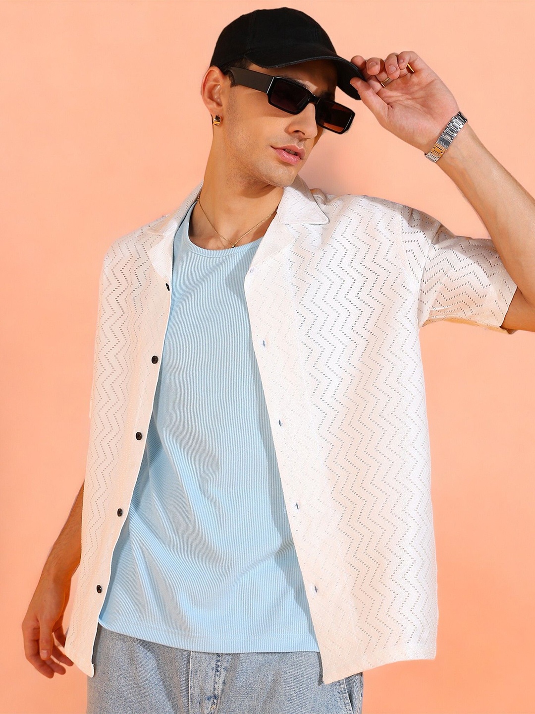 

INDICLUB Men Relaxed Fit Cuban Collar Textured Casual Shirt, White