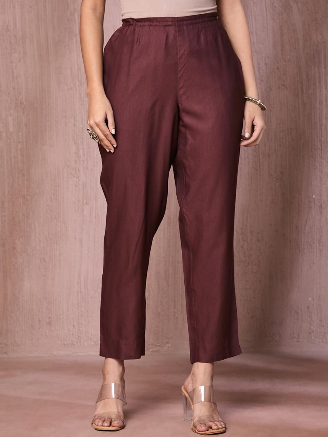 

Fabindia Women Regular Fit Mid-Rise Trousers, Brown