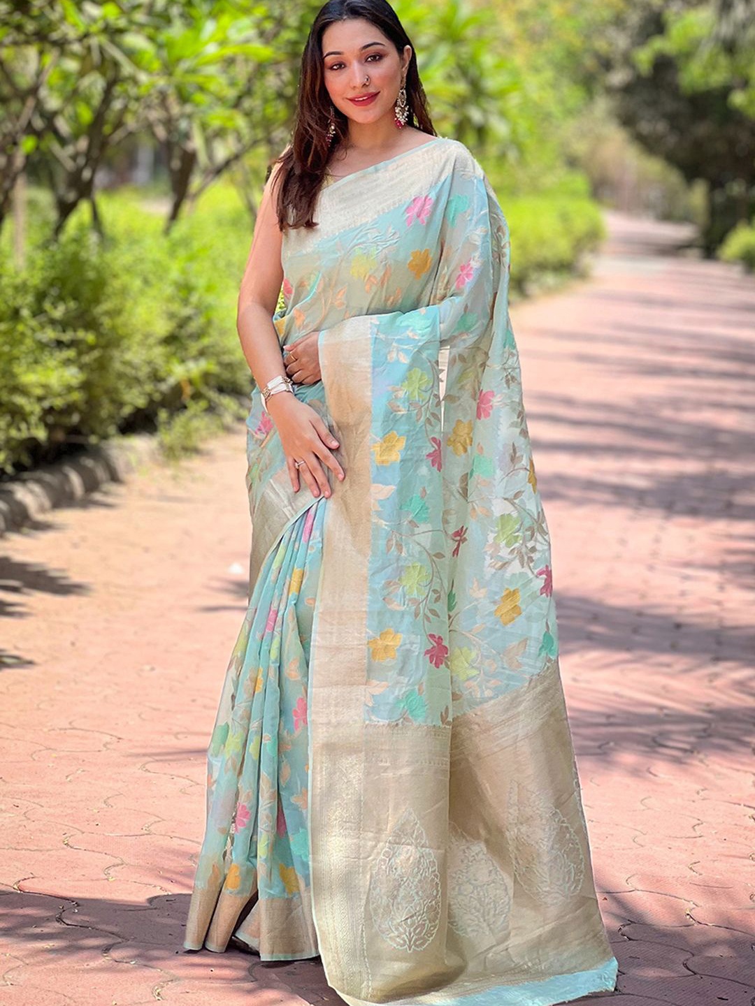 

DIVASTRI Woven Design Zari Organza Saree, Blue