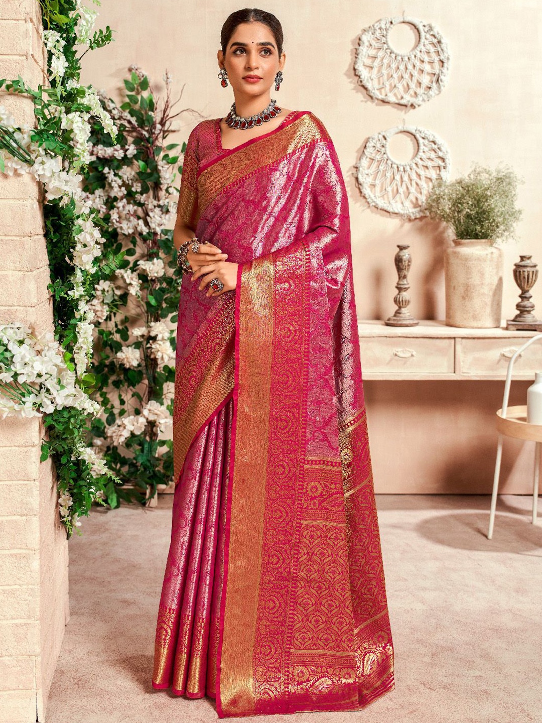 

LeeliPeeri Designer Woven Design Zari Silk Blend Dharmavaram Saree, Pink