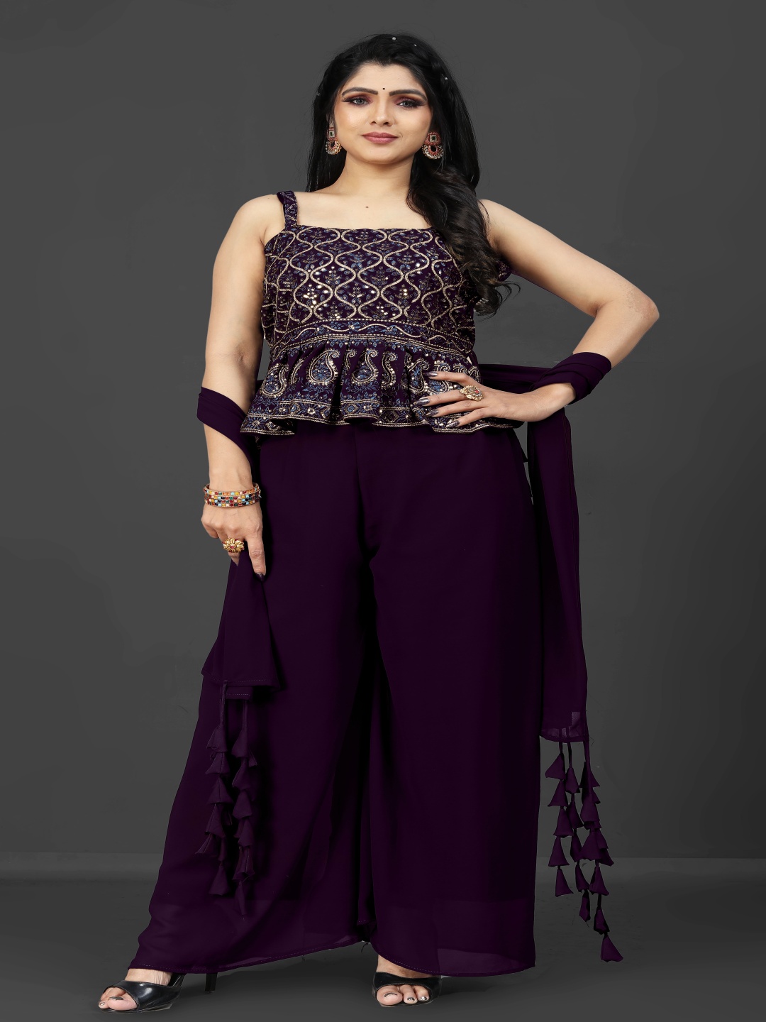 

SANCIA Shoulder Straps Embroidered Ethnic Georgette Top With Palazzos & Dupatta, Purple