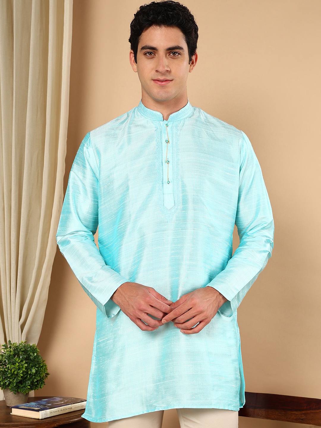 

TATTVA Mandarin Collar Thread Work Pure Silk Straight Short Kurta, Turquoise blue