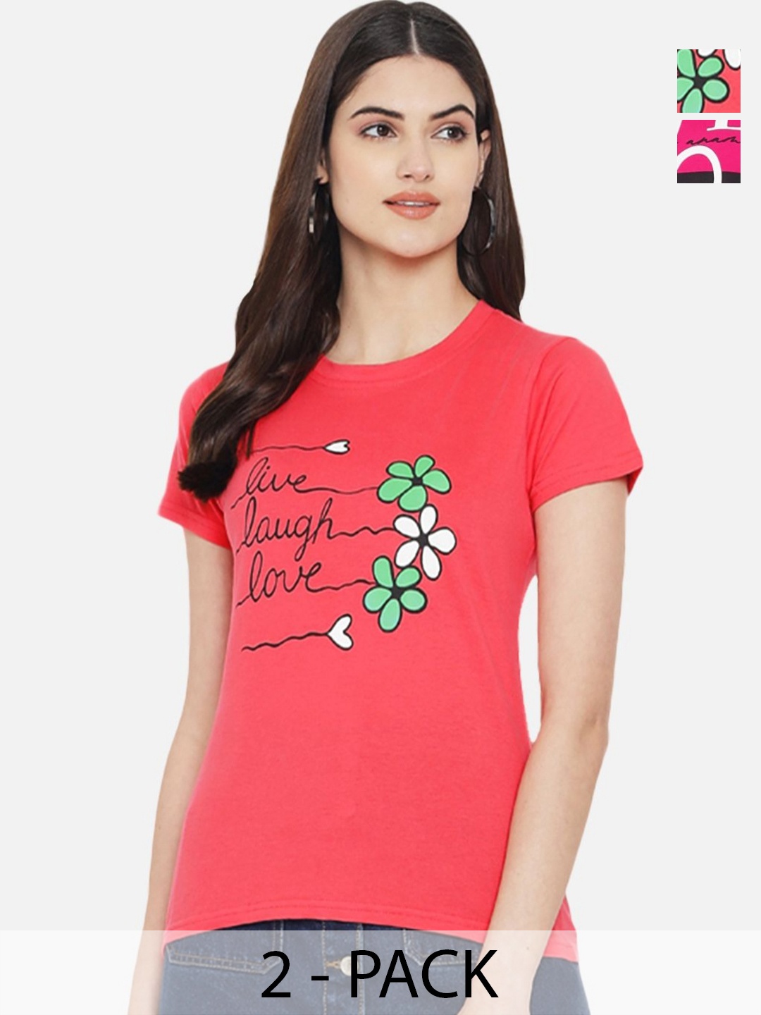 

Dreambe Women Pack Of 2 Graphic Printed Round Neck Cotton T-shirts, Red