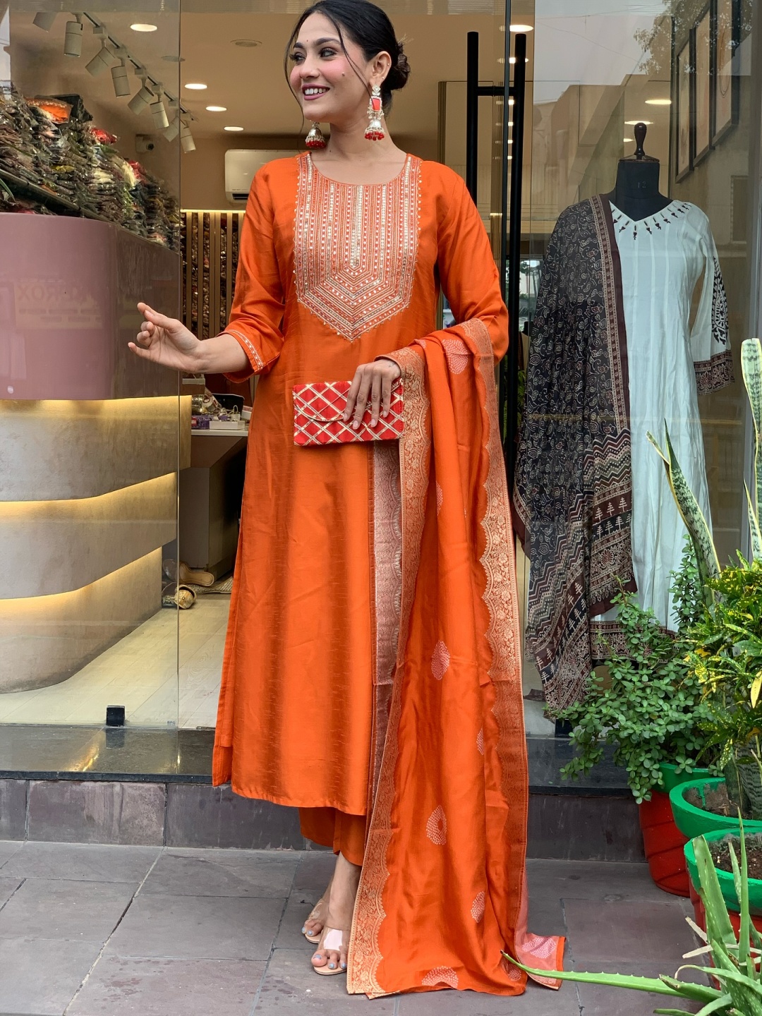 

Fashion Ritmo Ethnic Motifs Embroidered Chanderi Silk Kurta With Trouser And Dupatta, Orange