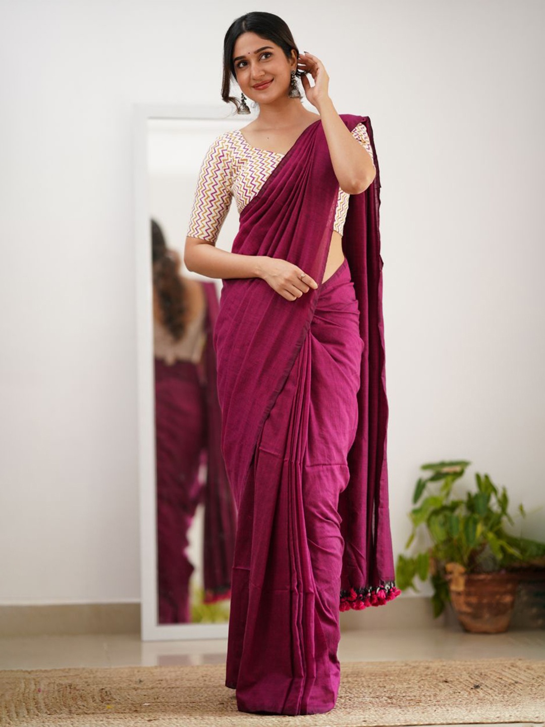 

Sutisancha Queen Pink Handloom Cotton Saree with Designer Blouse