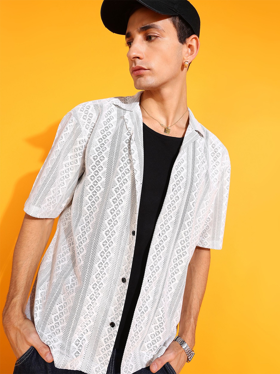 

INDICLUB Men Relaxed Fit Cuban Collar Textured Casual Shirt, White