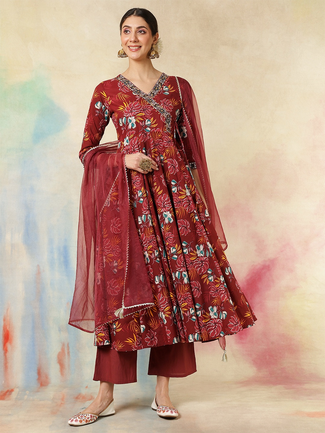 

KIMAYRA Women Floral Printed Angrakha Thread Work Pure Cotton Kurta with Palazzos & With Dupatta, Maroon