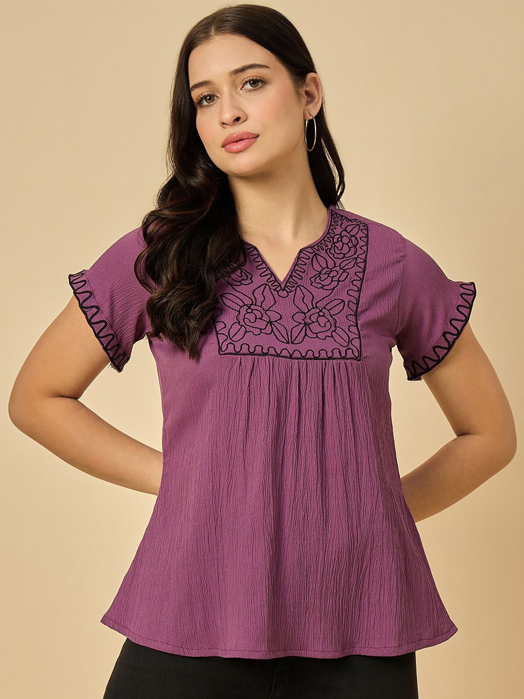 

Azira Embroidered A-Line Crepe Top, Purple
