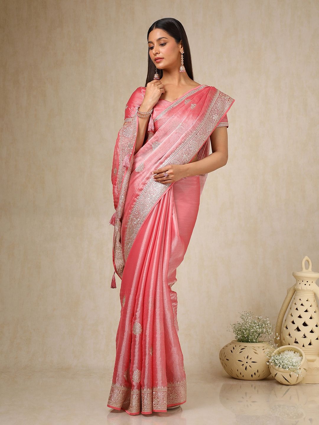 

Soch Floral Beads and Stones Organza Saree, Peach