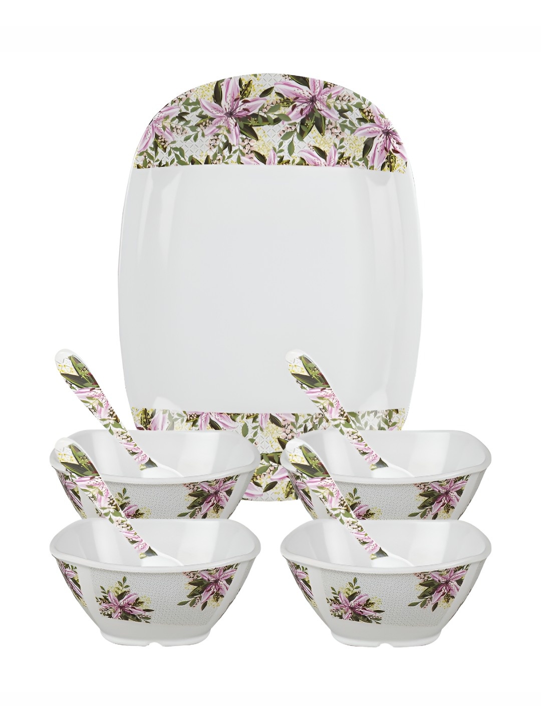 

Bataniya White and Green 9 Pieces Floral Printed Melamine Dinner Set