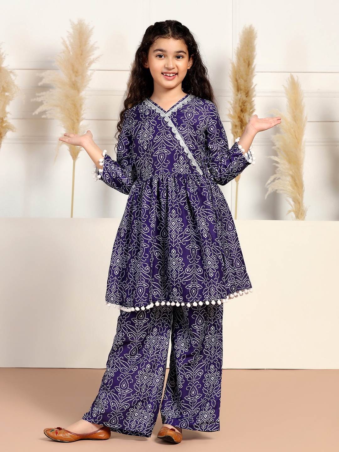 

Sangria Girls Blue Floral Printed Cotton Blend V-Neck Angrakha Kurta With Trousers