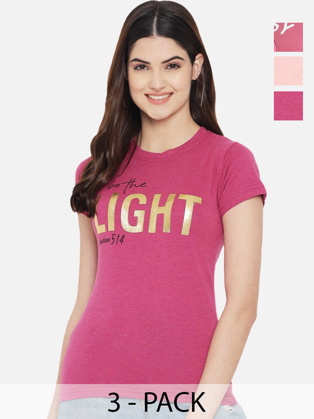 

Dreambe Women Pack Of 3 Typography Printed Round Neck Cotton T-shirts, Pink