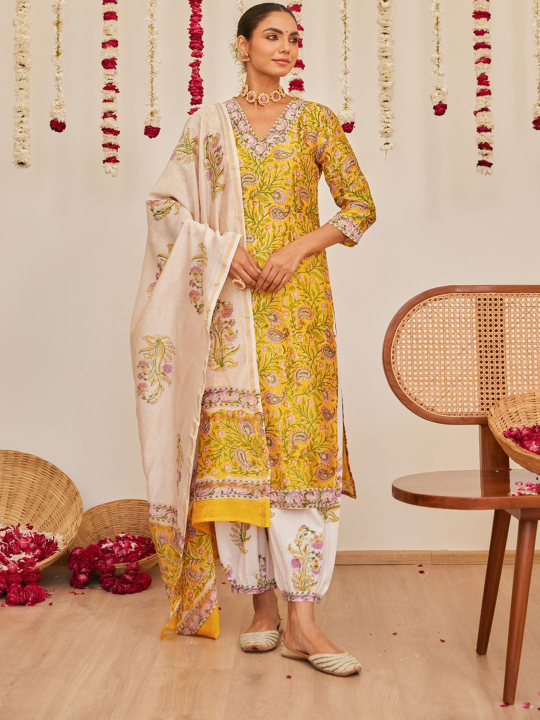 

The Ethnic Label Floral Block Printed Chanderi Silk Straight Kurta With Salwar & Dupatta, Yellow