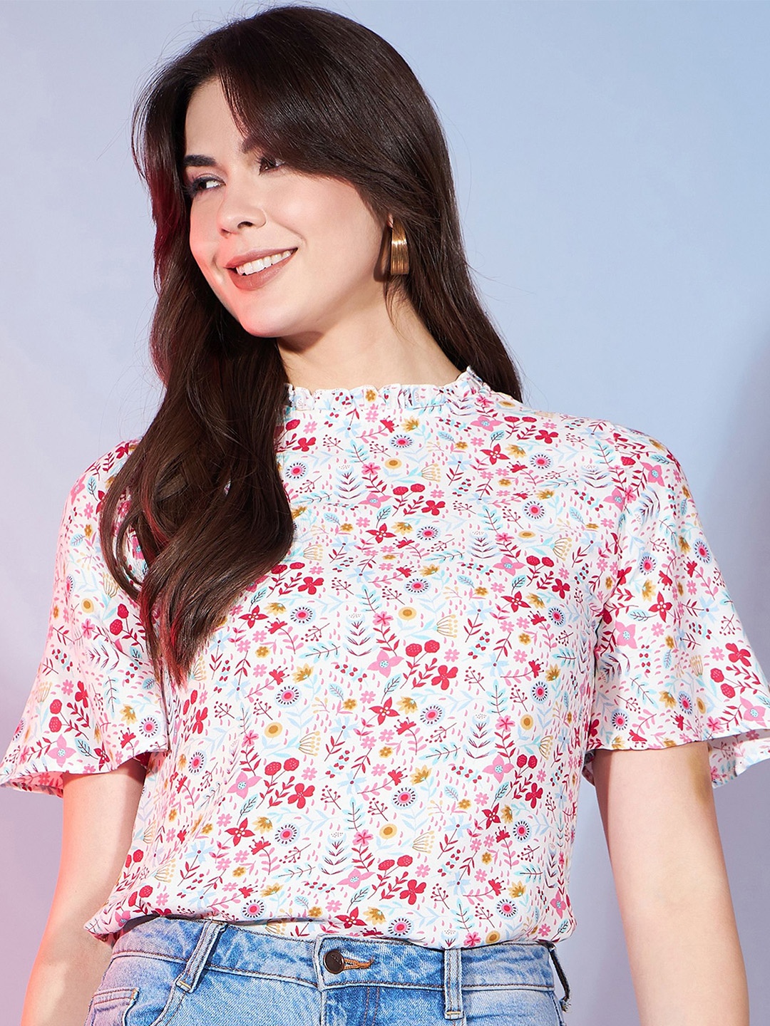 

DressBerry Print Mandarin Collar Bell Sleeve Top, White