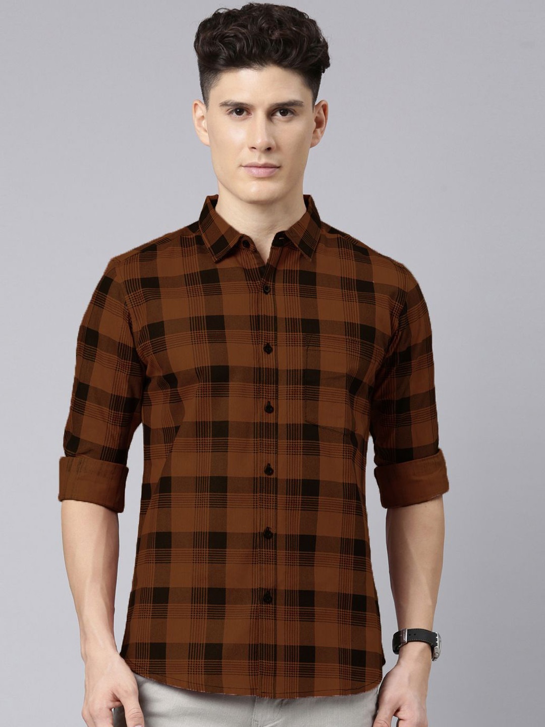 

Metronaut Men Tartan Checks Opaque Checked Casual Shirt, Brown