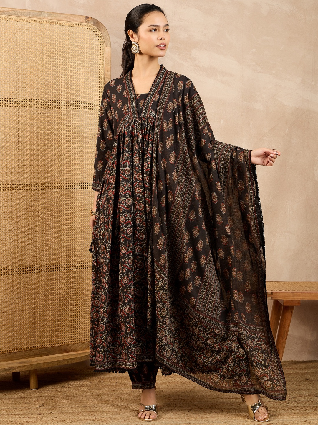 

all about you Floral Printed Pure Cotton Anarkali Kurta With Trousers And Dupatta, Beige