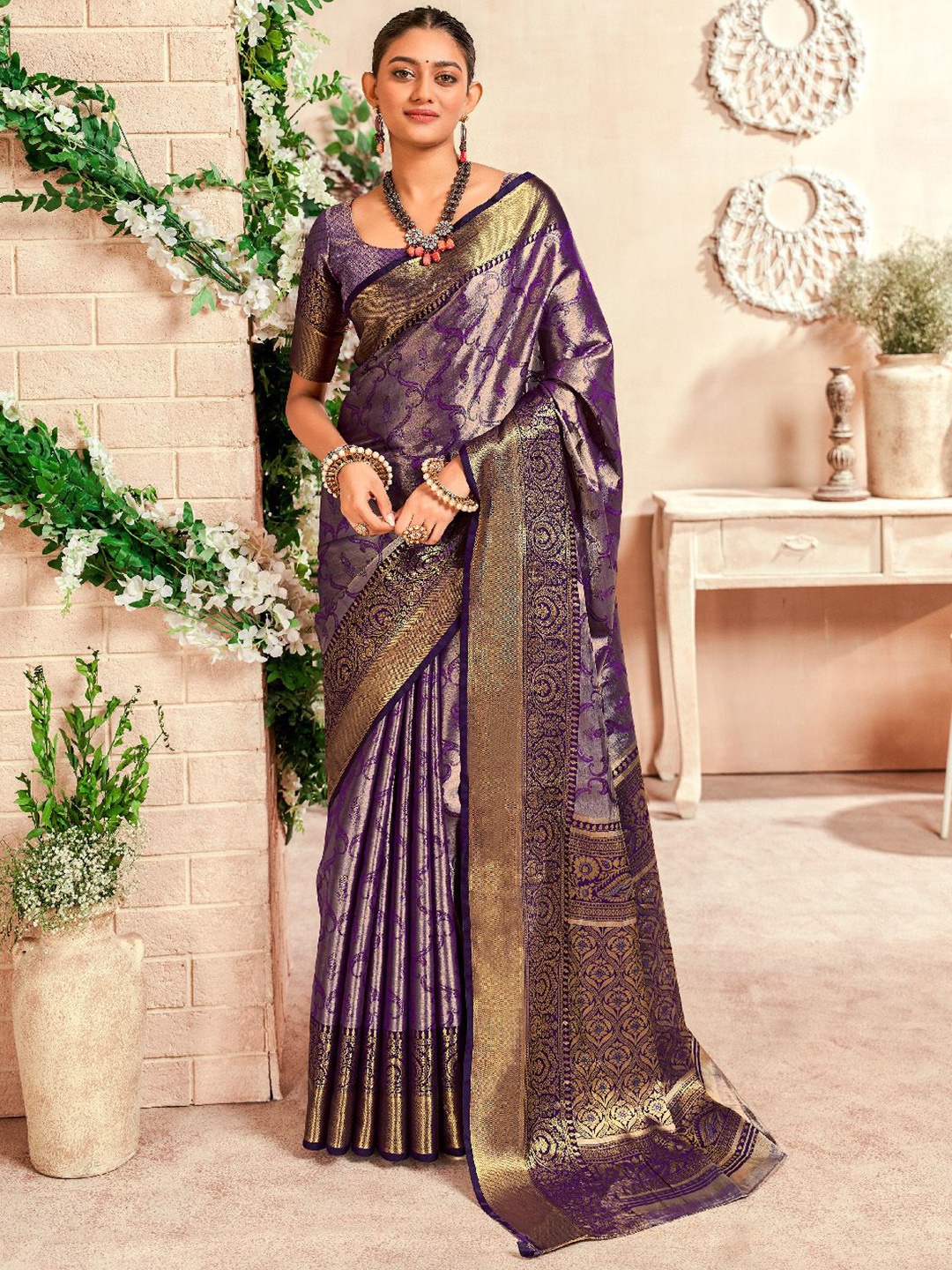 

LeeliPeeri Designer Woven Design Zari Silk Blend Dharmavaram Saree, Purple