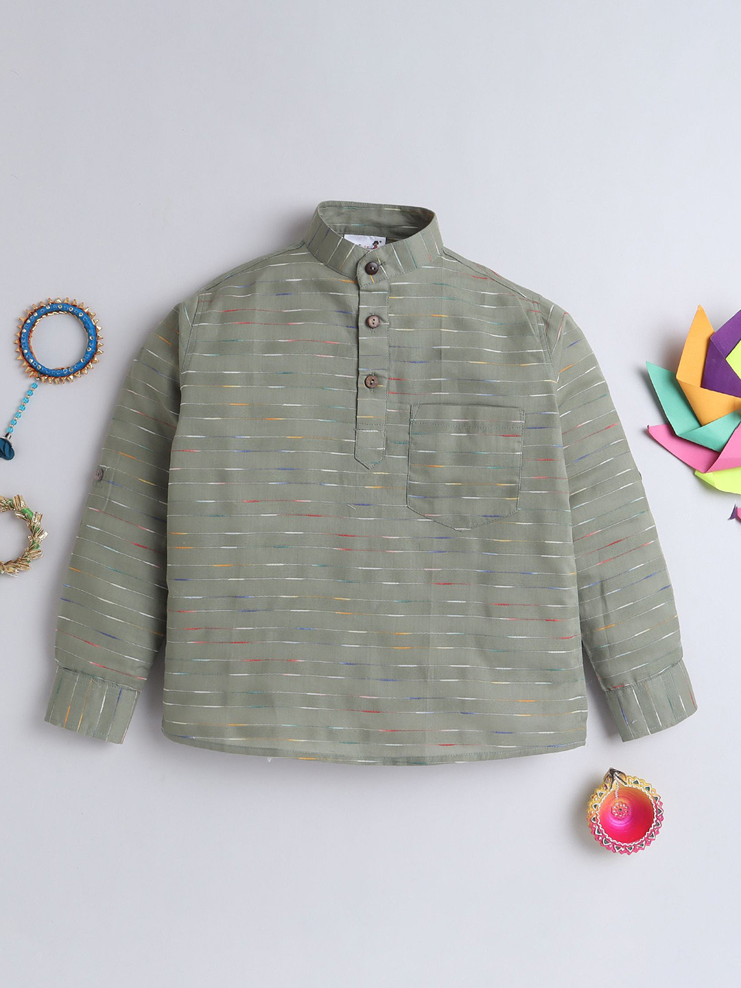 

BAATCHEET Boys Striped Band Collar Pure Cotton Short Kurta, Green