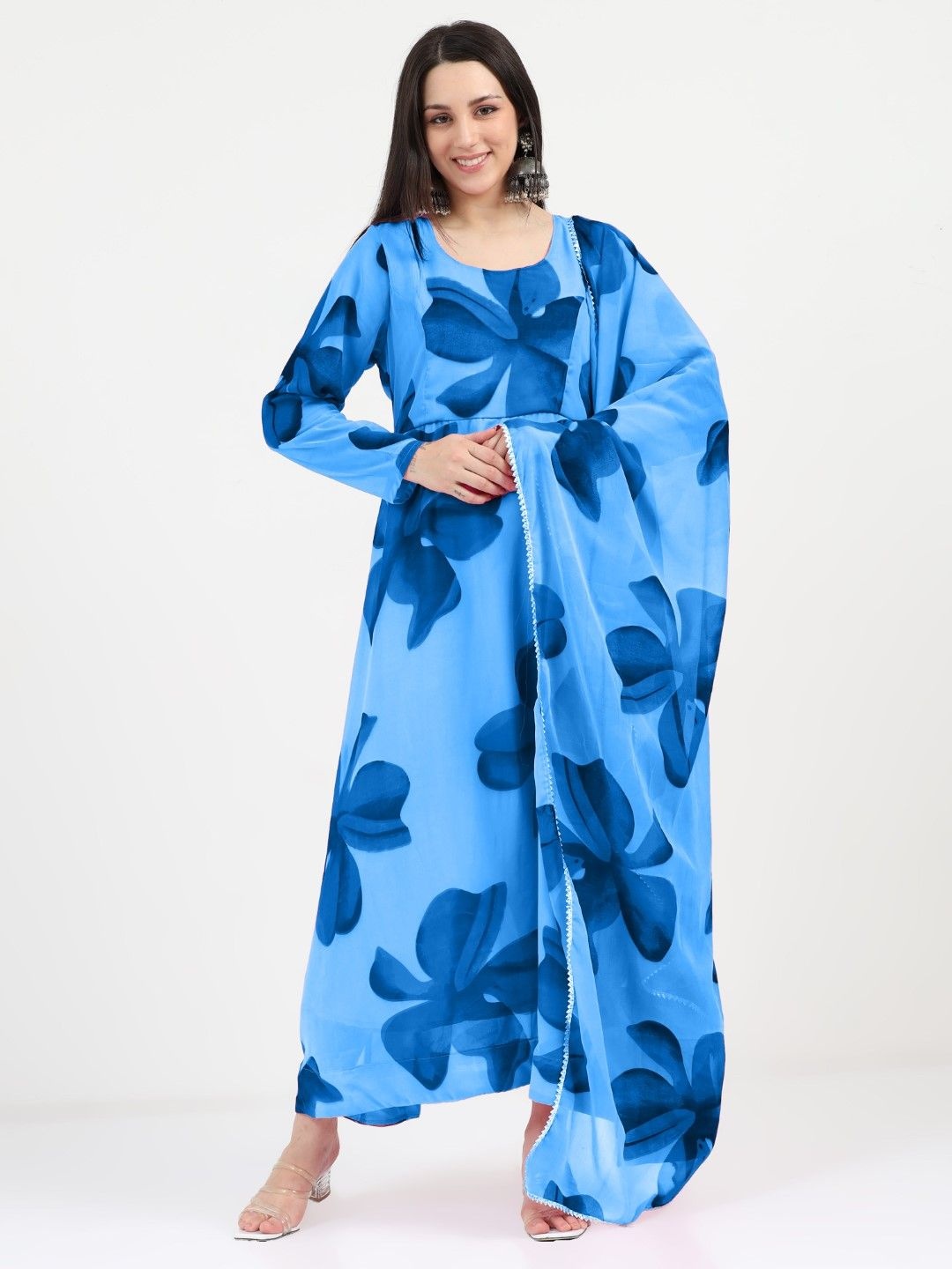 

Raiyani Enterprise Floral Print Crepe Fit & Flare Maxi Dress, Blue