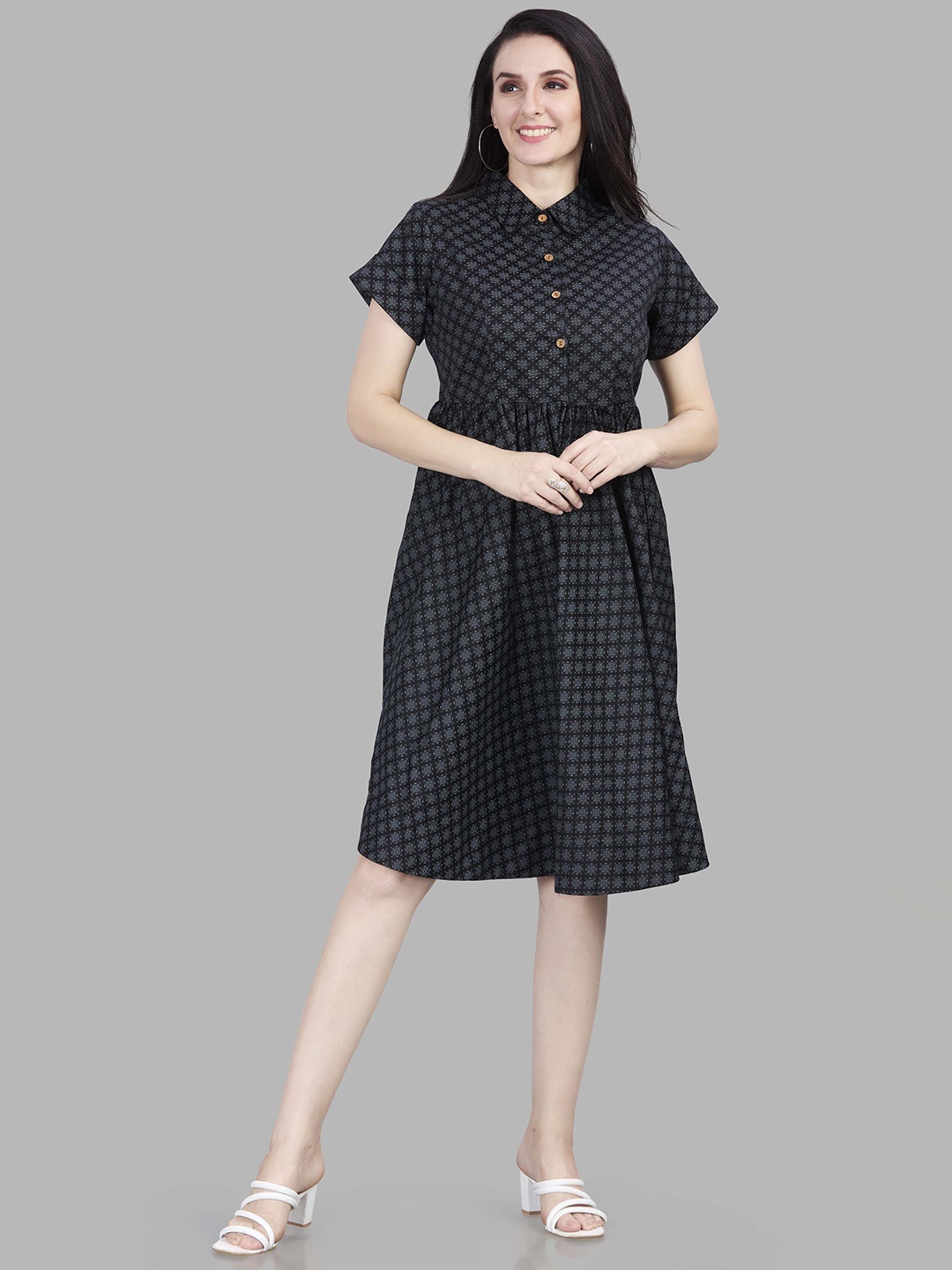

Autumn Hues Women Cotton Abstract Printed Shirt Dress, Black
