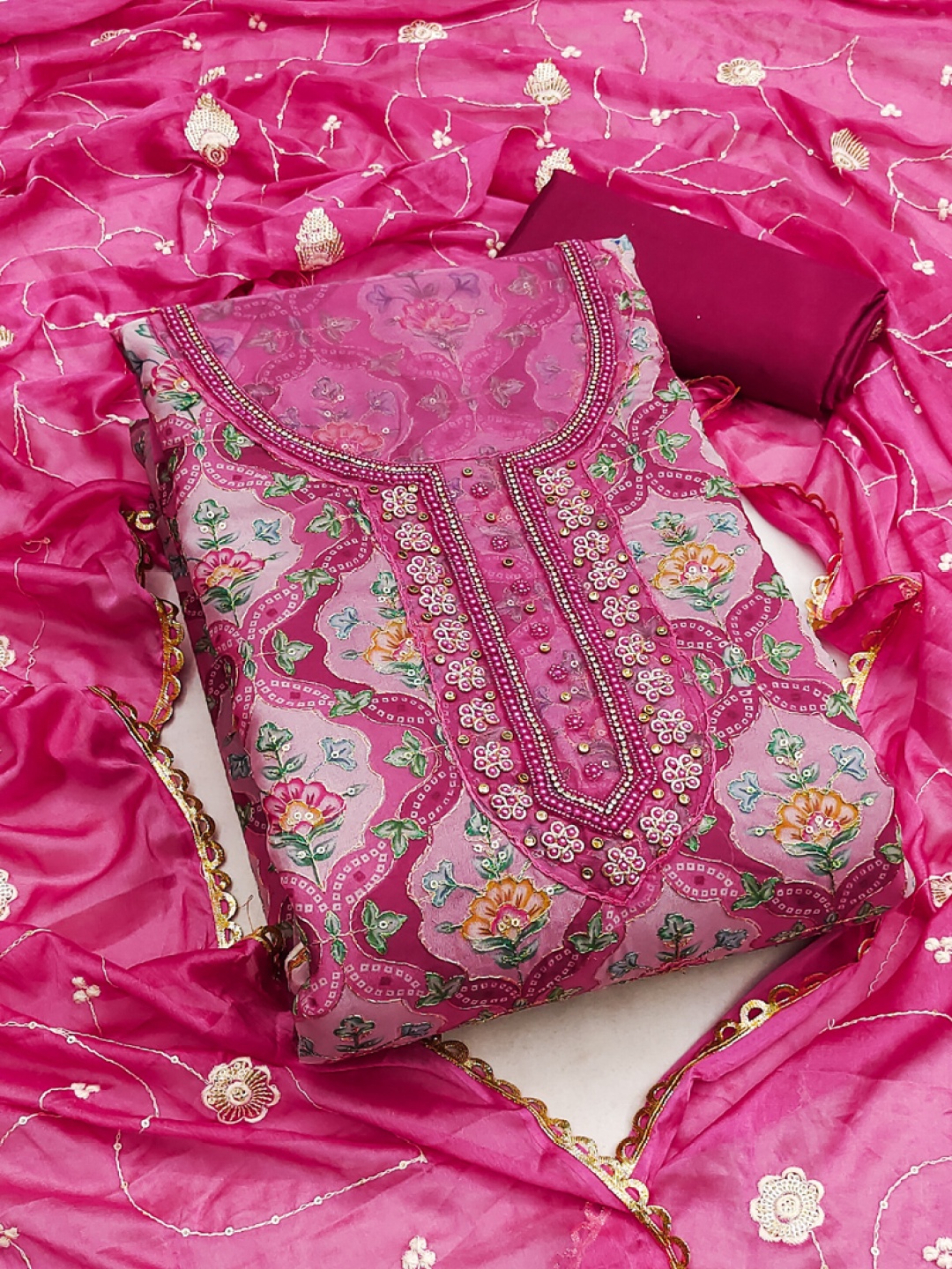 

ASISA Floral Printed Sequinnce Embellished Unstitched Dress Material, Magenta