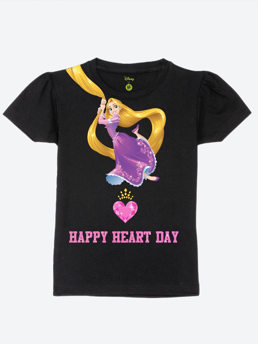 

YK Disney Print Puff Sleeve Cotton Top, Black