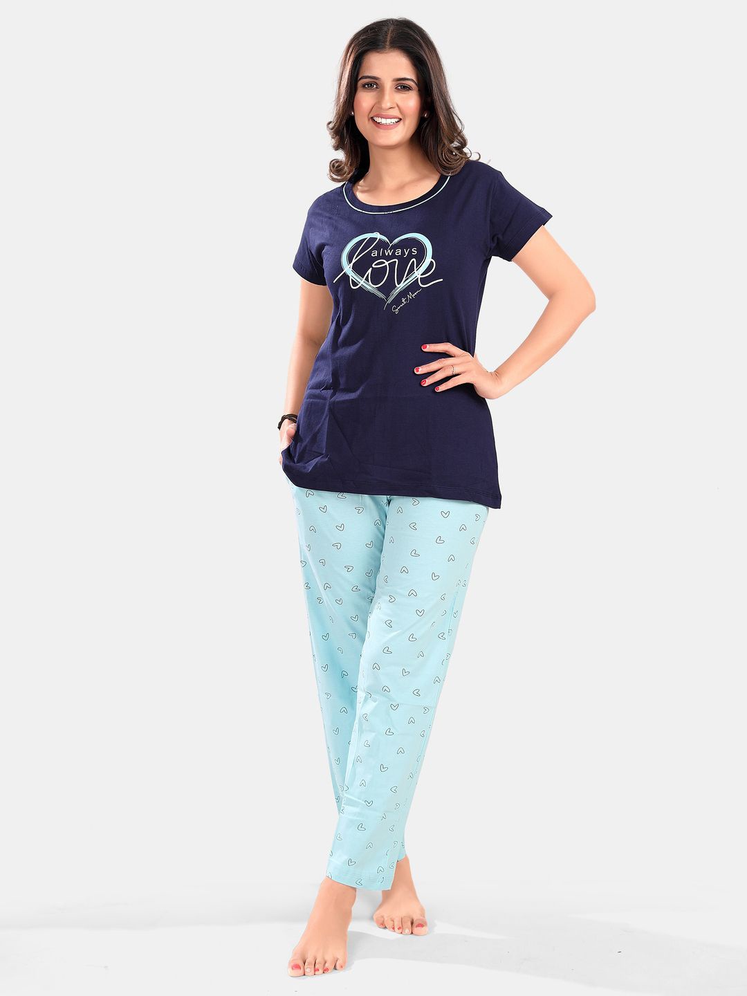 

SWEET MOON Printed Round Neck Night suit, Navy blue