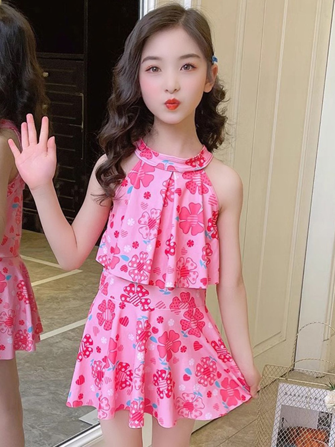 

YK Girls Floral Printed Swim Dress, Pink