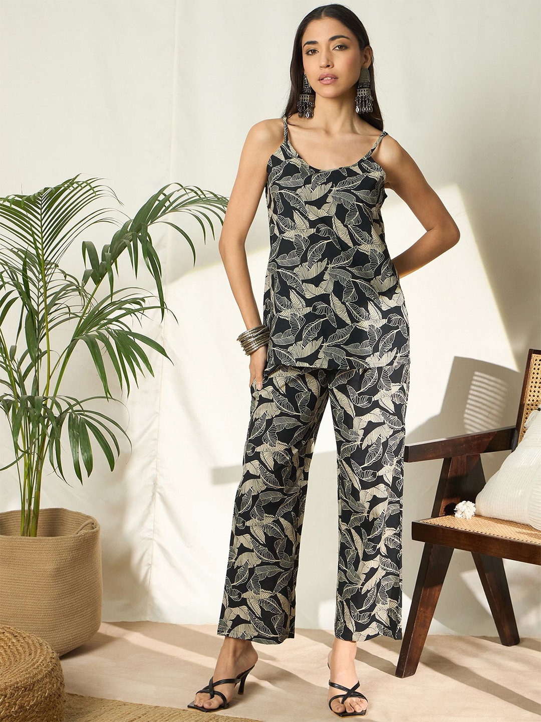 

BANDIA Printed Pure Cotton Top & Trousers With Shrug Co-Ords, Black