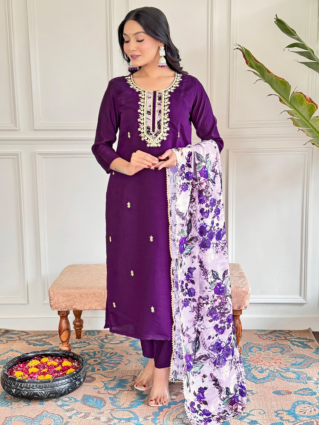 

Fashion Ritmo Floral Embroidered Chanderi Silk Kurta With Trouser And Dupatta, Purple