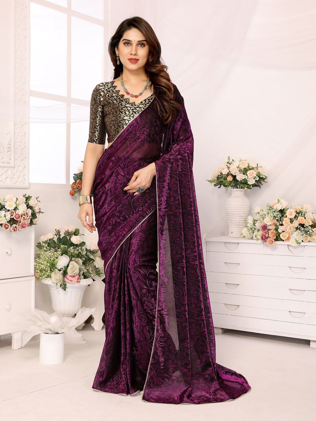 

DIVASTRI Woven Design Embroidered Pure Silk Ready to Wear Bagh Saree, Magenta