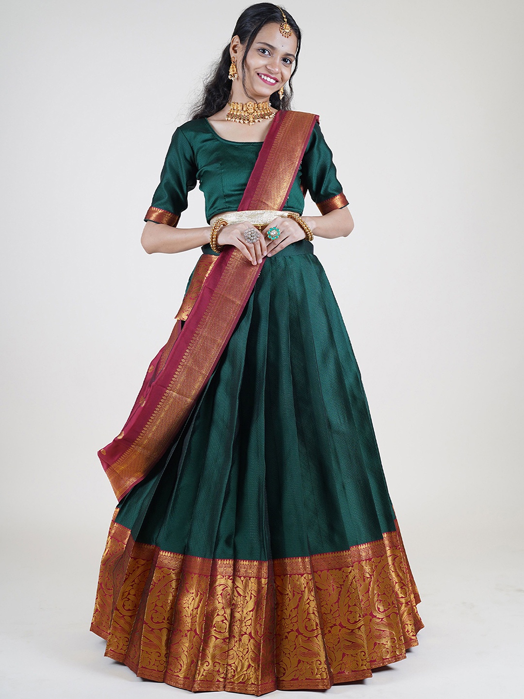 

MAGMINA Woven Design Zari Lichi Silk Unstitched Lehenga With Blouse & Dupatta, Green