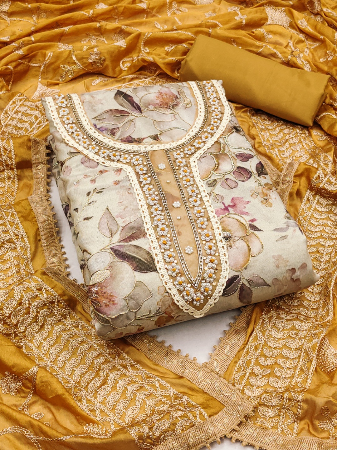 

ASISA Floral Beads And Stones Embellished Unstitched Dress Material, Cream