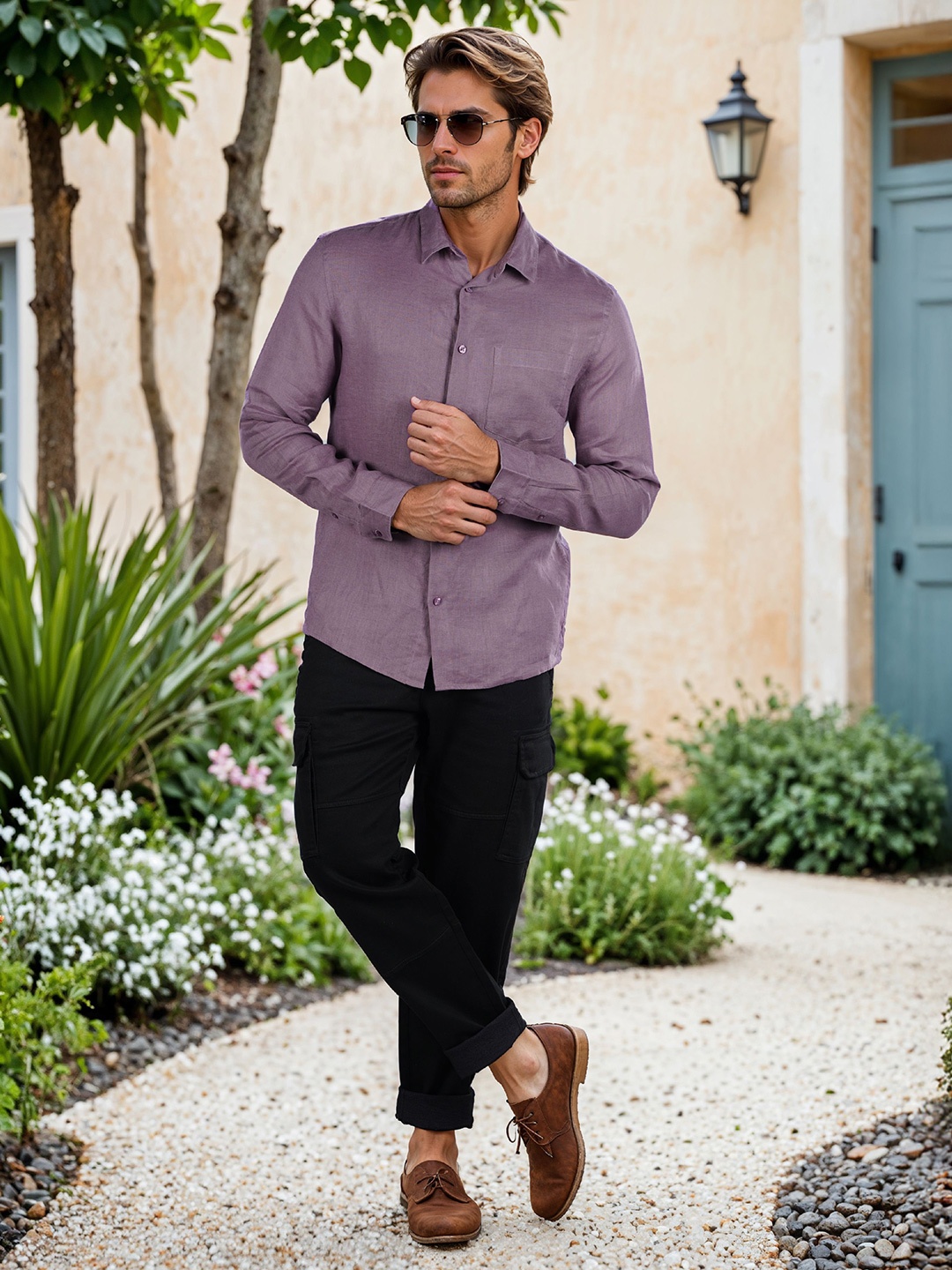 

Celio Men Classic Regular Fit Spread Collar Solid Linen Casual Shirt, Purple