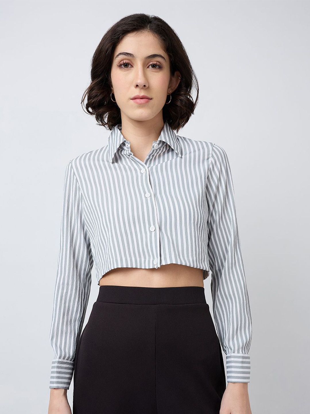 

SZN Women Classic Opaque Striped Party Shirt, Grey